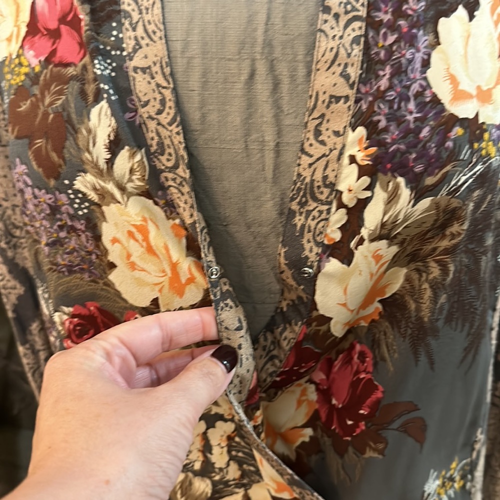 Anthropologie Gray Floral Wrap-Style Blouse with Cream, Red, Yellow Accents - Picture 7 of 9